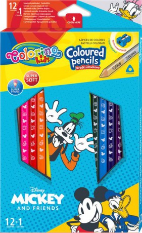 Kredki ołówkowe trójkątne 12 sztuk 13 kolorów + temperówka Colorino Kids Mickey