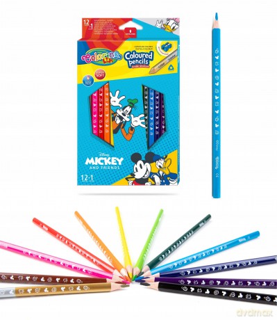 Kredki ołówkowe trójkątne 12 sztuk 13 kolorów + temperówka Colorino Kids Mickey