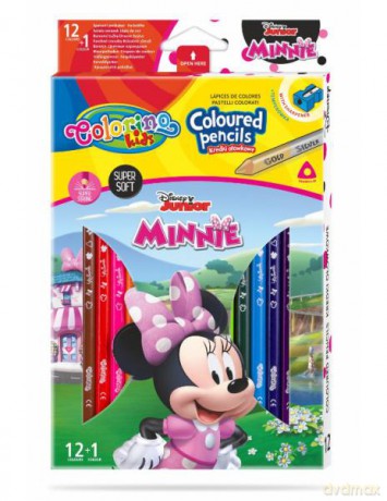 Kredki ołówkowe trójkątne 12 sztuk 13 kolorów + temperówka Colorino Kids Minnie
