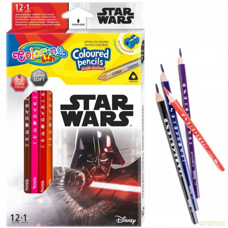 Kredki ołówkowe trójkątne 12 sztuk 13 kolorów + temperówka Colorino Kids Star Wars