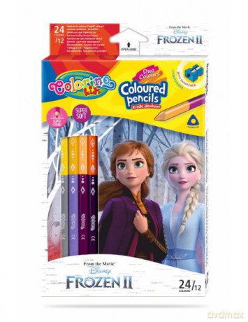 Kredki ołówkowe trójkątne dwukolorowe 12 sztuk 24 kolory + temperówka Colorino Kids Frozen