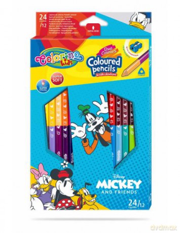 Kredki ołówkowe trójkątne dwukolorowe 12 sztuk 24 kolory + temperówka Colorino Kids Mickey