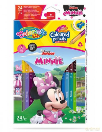 Kredki ołówkowe trójkątne dwukolorowe 12 sztuk 24 kolory + temperówka Colorino Kids Minnie