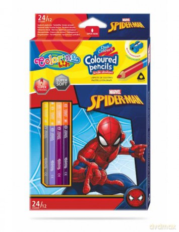 Kredki ołówkowe trójkątne dwukolorowe 12 sztuk 24 kolory + temperówka Colorino Kids Spiderman