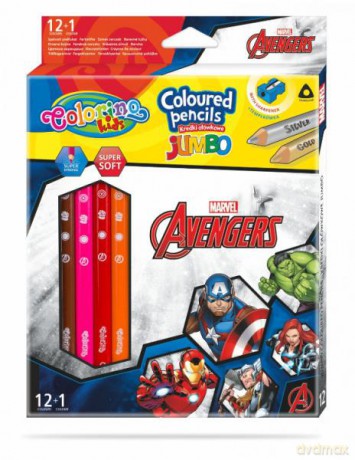 Kredki ołówkowe trójkątne JUMBO 12 sztuk 13 kolorów + temperówka Colorino Kids Avengers