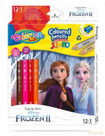Kredki ołówkowe trójkątne JUMBO 12 sztuk 13 kolorów + temperówka Colorino Kids Frozen