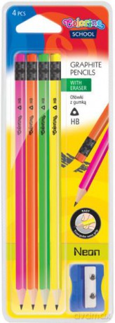 Ołówki trójkątne z gumką 4 szt. + temperówka Neon Colorino School 39934 na blistrze