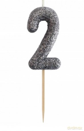 Świeczka na tort cyfra 2 brokatowa Czarna 11x3.5 cm