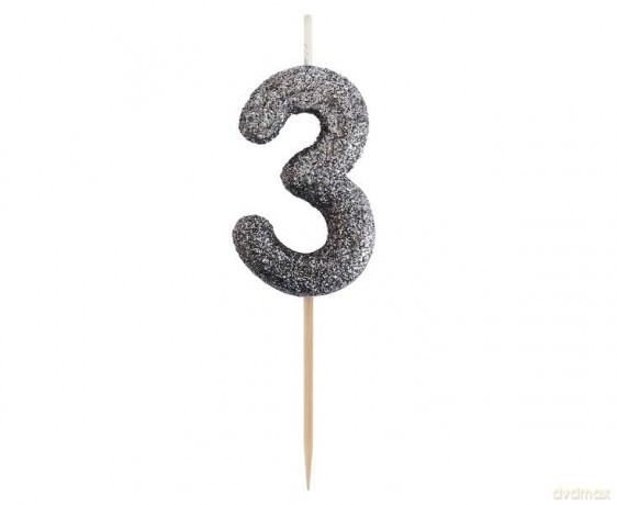 Świeczka na tort cyfra 3 brokatowa Czarna 11x3.5 cm
