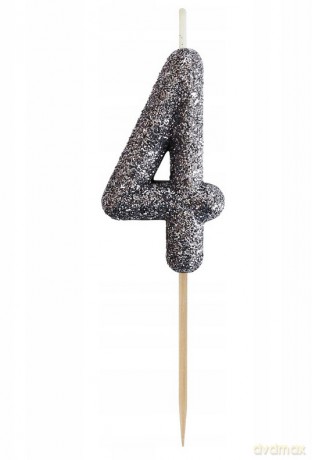 Świeczka na tort cyfra 4 brokatowa Czarna 11x3.5 cm