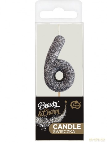 Świeczka na tort cyfra 6 brokatowa Czarna 11x3.5 cm