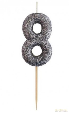 Świeczka na tort cyfra 8 brokatowa Czarna 11x3.5 cm