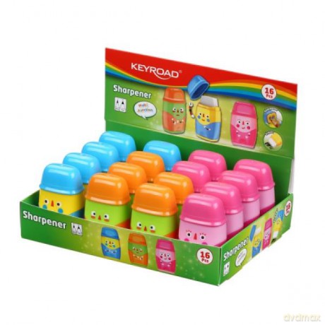 Temperówka plastikowa z gumką Keyroad Hello podwójna z pojemnikiem mix