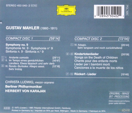 Double Karajan 1975r: Mahler:Symphony No.9&Kindertotenlieder [2CD]
