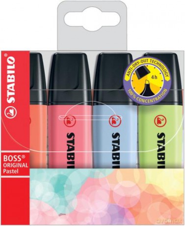 Zakreślacz STABILO BOSS ORIGINAL Pastel neon etui 4 kolory (czerwony, różowy ciemny, niebieski, limonkowy)