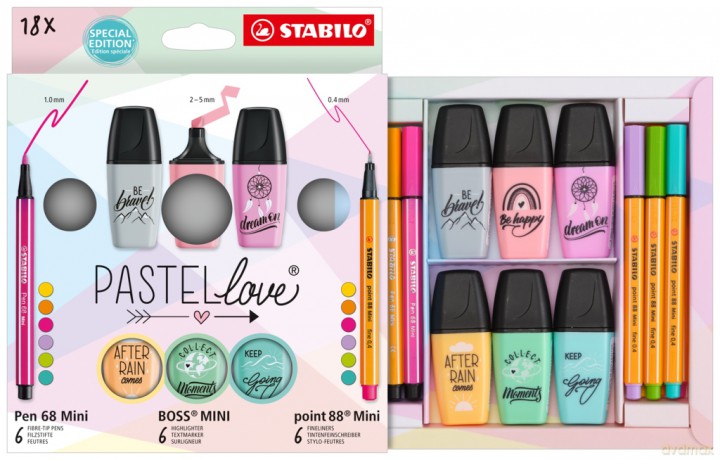 Zestaw STABILO PastelLove 18el cienkopisy, flamastry, zakreślacze 77/5-8-5
