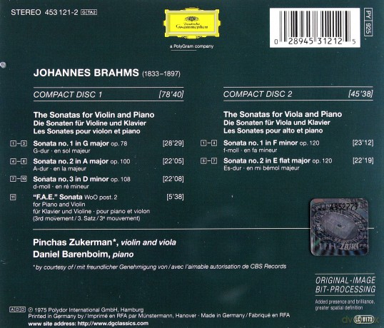 Double Zukerman/Barenboim: Brahms Violin Sonatas [2CD]