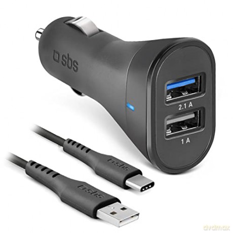 Car charger kit 12/24V 2100 mAh ultra fast charge, 2 USB outputs + UCB Type C cable, black color