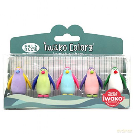 IWAKO COLORZ zestaw gumek do ścierania w pudełku, 5szt/zestaw - pingwin