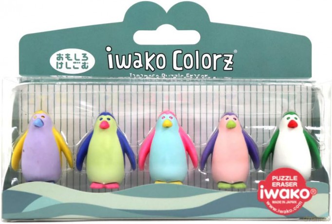 IWAKO COLORZ zestaw gumek do ścierania w pudełku, 5szt/zestaw - pingwin
