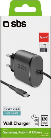 Travel charger 100/250V 3100 mAh ultra fast charge with USB Type-C connector and cable, 1 m lenght, black color