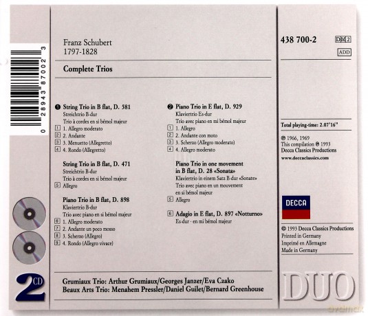 Duo Beaux Arts Trio/Grum: Schubert- Complete Trios [2CD]
