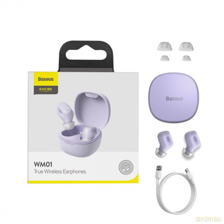 Baseus Encok WM01 TWS bezprzewodowe dokanałowe słuchawki Bluetooth 5.3 fioletowy Upgraded Version (NGTW240005)