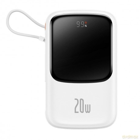 Baseus Qpow Digital Display powerbank z szybkim ładowaniem 10000mAh 20W QC/PD/SCP/FCP z wbudowanym kablem Lightning biały