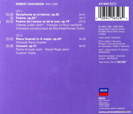 Dutoit Roge: Chausson:Symphony,Piano Quartet,Poemes [2CD]