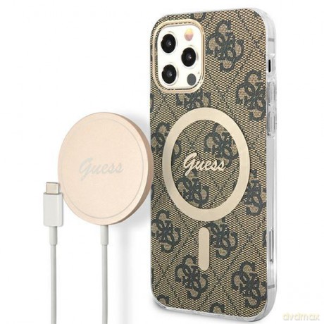 Zestaw Guess GUBPP12MH4EACSW Case+ Charger iPhone 12/12 Pro brązowy/brown hard case 4G Print MagSafe