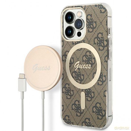 Zestaw Guess GUBPP13XH4EACSW Case+ Charger iPhone 13 Pro Max brązowy/brown hard case 4G Print MagSafe