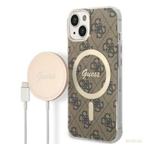 Zestaw Guess GUBPP14MH4EACSW Case+ Charger iPhone 14 Plus 6,7" brązowy/brown hard case 4G Print MagSafe