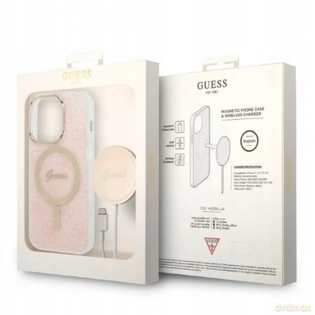 Zestaw Guess GUBPP14XH4EACSP Case+ Charger iPhone 14 Pro Max 6,7" różowy/pink hard case 4G Print MagSafe