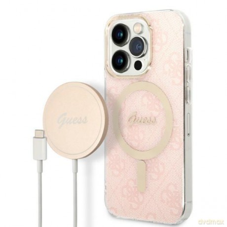 Zestaw Guess GUBPP14XH4EACSP Case+ Charger iPhone 14 Pro Max 6,7" różowy/pink hard case 4G Print MagSafe