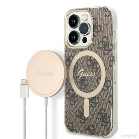 Zestaw Guess GUBPP14XH4EACSW Case+ Charger iPhone 14 Pro Max 6,7" brązowy/brown hard case 4G Print MagSafe