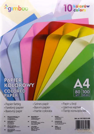 Papier kolorowy A4, 100 arkuszy, 80gsm, 10 kolorów neonowych Gimboo