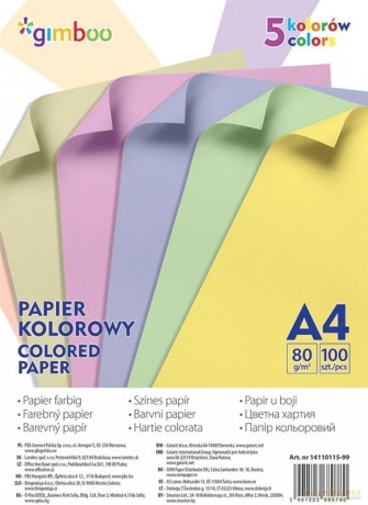 Papier kolorowy A4, 100 arkuszy, 80gsm, 5 kolorów pastelowych Gimboo