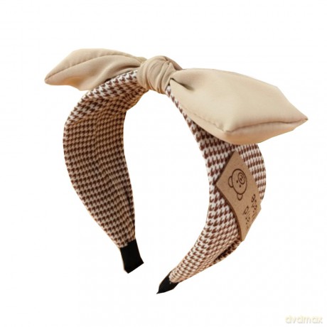Opaska - turban do włosów z kokardą - beżowa kratka