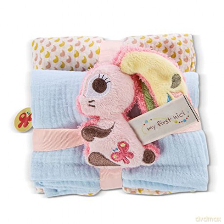 My First NICI Zestaw 2 muślinowych chusteczek z maskotką królik