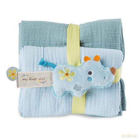 My First NICI Zestaw 2 muślinowych chusteczek z maskotką nosorożec