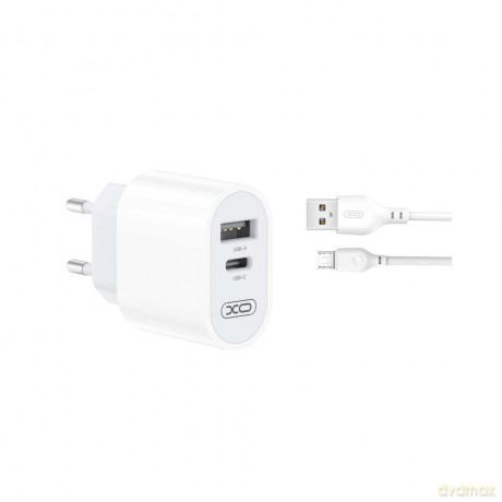 XO ładowarka sieciowa L97 1x USB 1x USB-C 2,4A biała + kabel microUSB