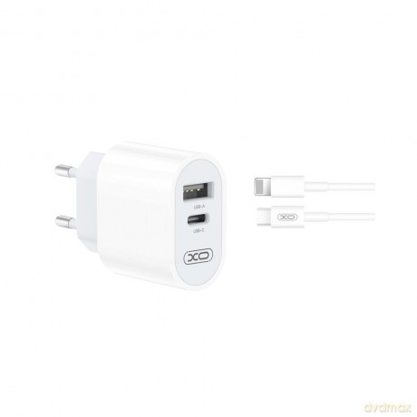 XO ładowarka sieciowa L97 1x USB 1x USB-C 2,4A biała + kabel USB-C - Lightning