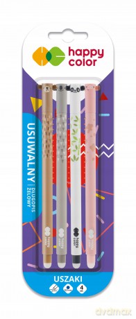 Długopis Happy Color Uszaki zmazywalny 0.5mm 4 sztuki na blistrze