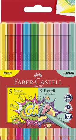 Flamastry Grip Faber-Castell 5 kolorów neonowych + 5 kolorów pastelowych w etui