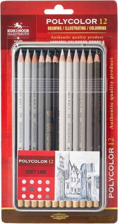 Kredki ołówkowe Polycolor Koh-i-Noor 3822 12 kolorów linia szarości opakowanie metalowe