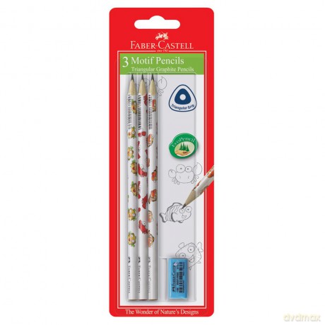 Ołówki Trójkątne Faber-Castell morski świat 3 sztuki + gumka blister