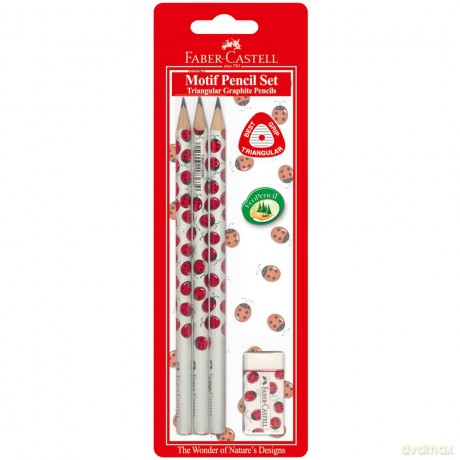 Ołówki Trójkątne Faber-Castell motyw biedronka 3 sztuki + gumka blister
