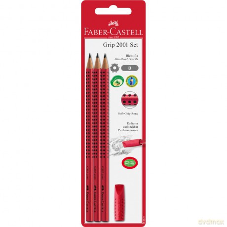 Zestaw Faber-Castell Grip 2001 B 3 ołówki+gumka czerwony