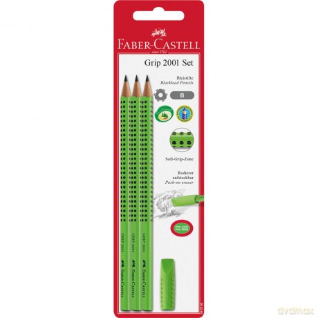 Zestaw Faber-Castell Grip 2001 B 3 ołówki+gumka jasnozielony