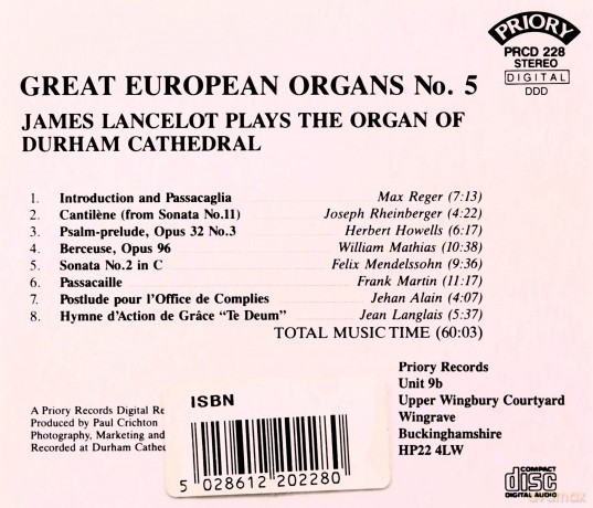 (Great European Organs Vol. 5) James Lancelot Plays The Organ Of Durham Cathedral [CD]